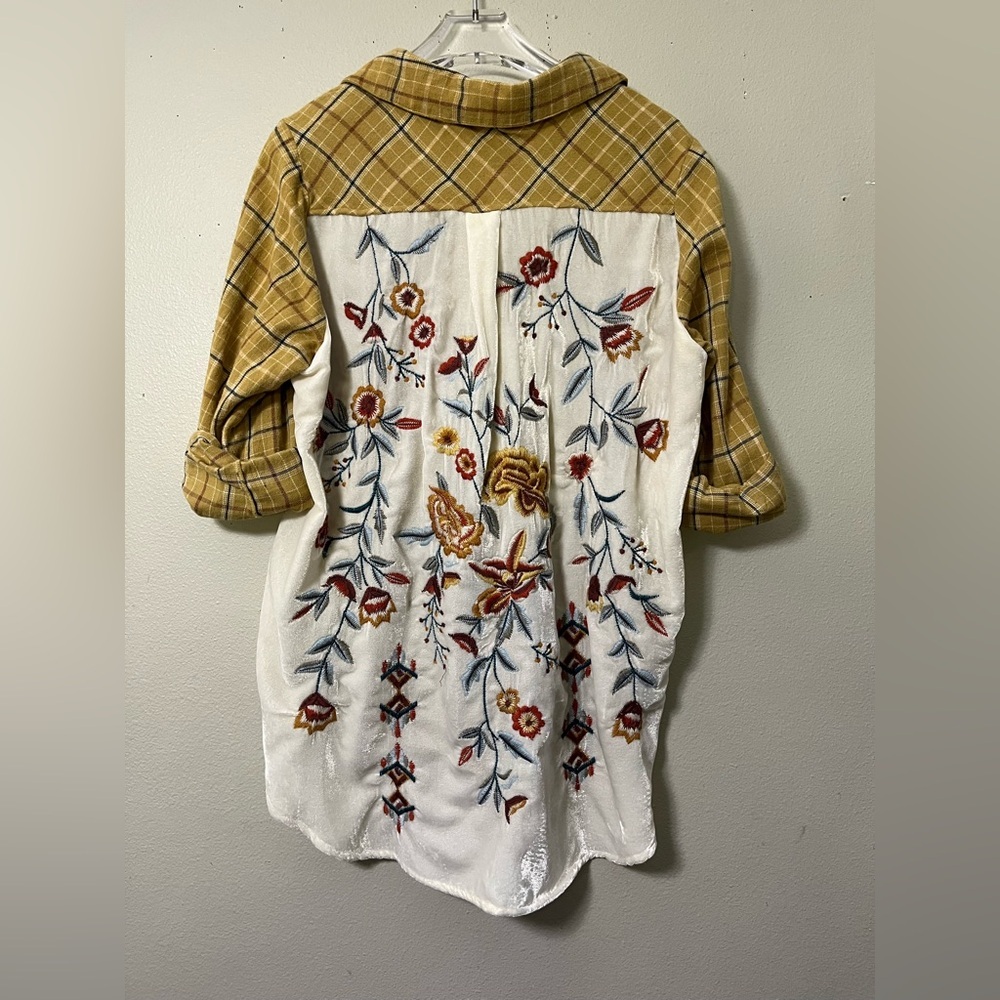Kyla Seo Embroidered Velvet Back Gold Plaid L Boho Western Prairie Cottagecore - Picture 4 of 9